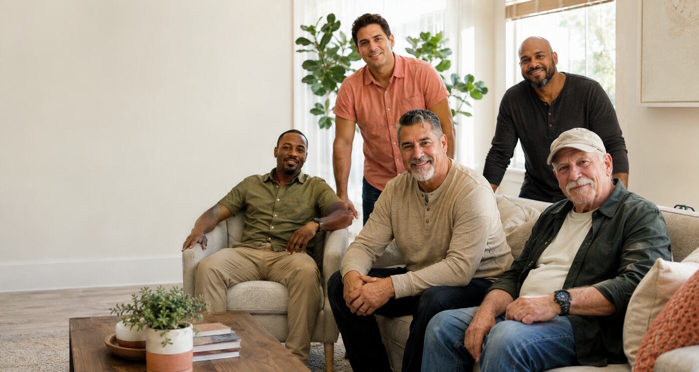 A diverse group of adult men gathered in a welcoming shared home